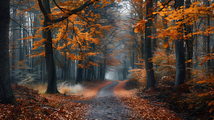 autumn forest path, tall trees, vibrant orange leaves, tranquil nature, seasonal beauty, ideal for marketing, relaxation, wellness, copy space available, versatile usage across industries