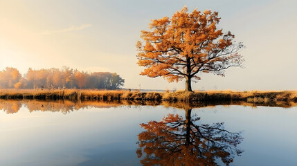 Obraz premium autumn tree reflection, serene landscape, calming nature scene, tranquil water mirror, vibrant orange foliage, peaceful outdoor escape, seasonal transition, ecological beauty,...
