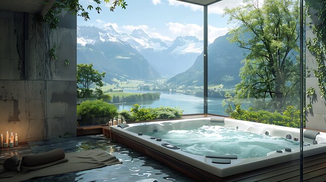A serene luxury spa room featuring a hot tub with picturesque mountain and lake views through expansive glass windows, creating a tranquil retreat atmosphere. 