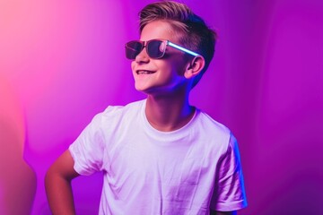 Smiling young man in casual attire against purple neon background.