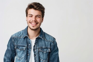 Fototapeta premium Portrait of young handsome man in jean shirt smiling looking at camera over white background.