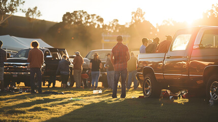 Friends gathered around a tailgate, enjoying food and drinks before a sports event.