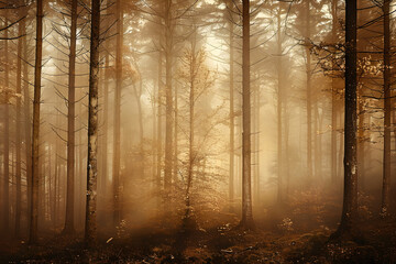 misty forest with tall trees, captivating autumn atmosphere, soft golden light, ideal for nature-themed marketing, home decor, wellness retreats, evokes tranquility, rich textures,...