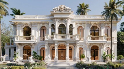 Obraz premium Detailed white mansion with exquisite carvings and large windows.