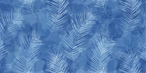 Tropical pattern, palm leaves seamless vector background. Exotic plant on watercolor stains jungle print. Leaves of palm tree.