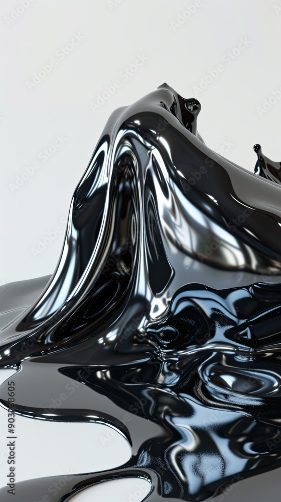 Poster Shiny Abstract Black Liquid Material Creating Unique Shapes on a Pure White Background