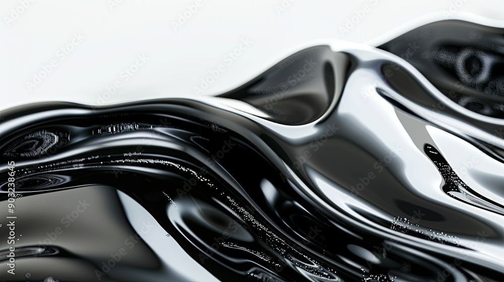 Poster shiny black abstract liquid material with dynamic shapes on pure white background
