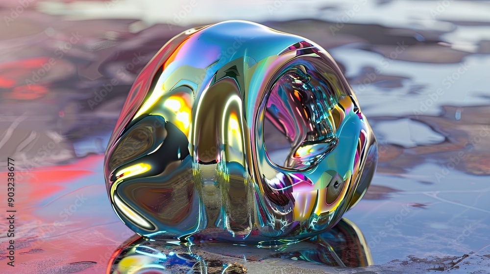 Poster surreal representation of abstract iridescent fluid liquid metal in a setting at sunset