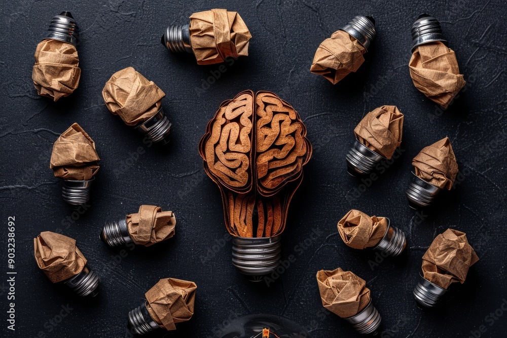 Poster brain lightbulb surrounded by crumpled paper balls on a dark background symbolizing creative brainst
