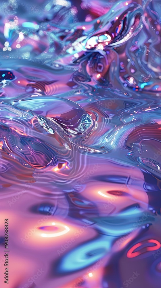 Poster surreal depiction of iridescent liquid metal flowing in abstract patterns