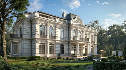 Elegant white mansion with detailed windows and manicured garden.
