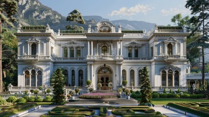 Fototapeta premium Elegant white mansion with intricate stone detailing, surrounded by gardens.