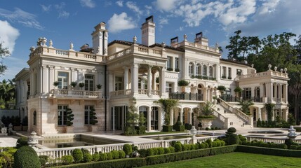 Obraz premium Elegant white mansion with intricate stone detailing, surrounded by gardens.