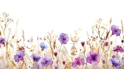 A stunning watercolor illustration featuring an array of vibrant purple flowers and delicate wildflowers against a soft, neutral background. 