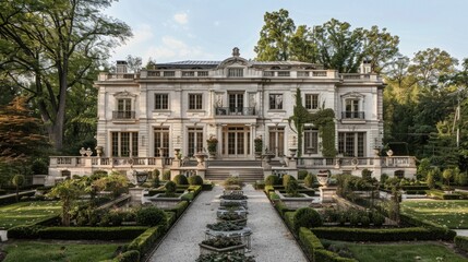 Fototapeta premium Elegant white mansion with intricate stone detailing and garden.