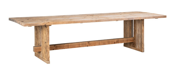 wooden table with central beam, rough recycled rough planks. isolated white background