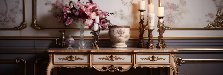 Vintage Elegance: A Still-life Vignette of European Antiques Featuring Rococo Mirror, French Console, Porcelain Vase, and Victorian Candlestick