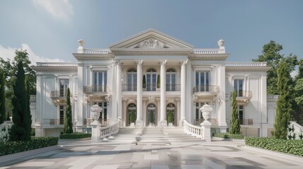 Obraz premium Grand white mansion with detailed exterior and elegant entrance.
