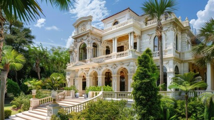 Grand white mansion with detailed exterior and lush greenery.