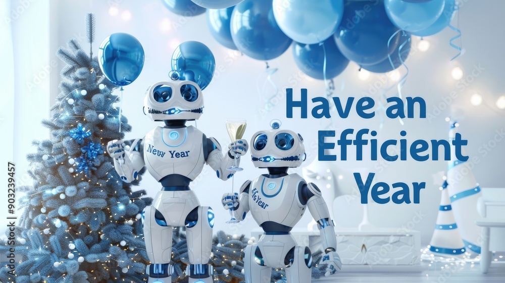 Poster intralogistic robots toasting by a new year tree with blue balloons, 