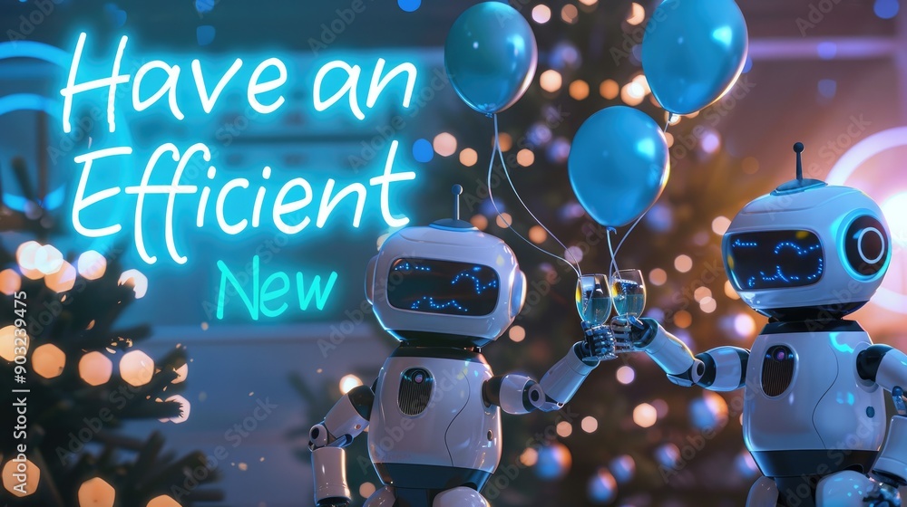 Aufkleber intralogistic robots toasting by a new year tree with blue balloons, 