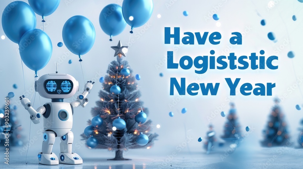 Aufkleber logistic robots having fun by a new year tree with blue balloons, 