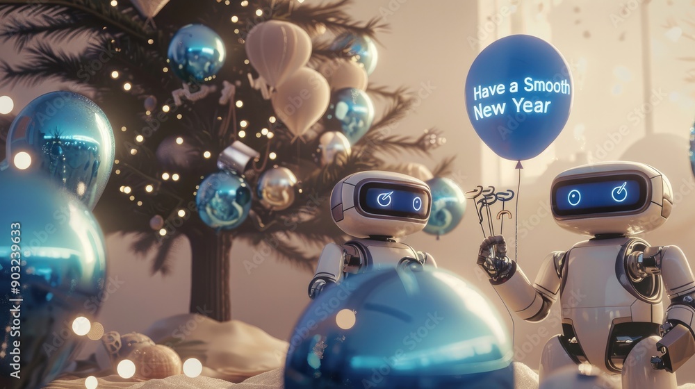Poster logistic robots playing games at a new year party near a tree and blue balloons, 