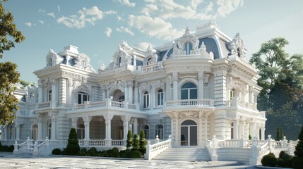 Fototapeta premium Luxurious white mansion with intricate stonework and classic architectural elements.