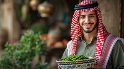 Smiling Middle Eastern Man Holding a Bowl of Greens