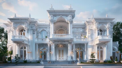 Ornate white mansion with intricate architectural details, front perspective.