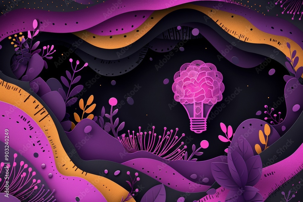 Poster purple brain lightbulb in a layered paper cut out design with colorful elements symbolizing imaginat