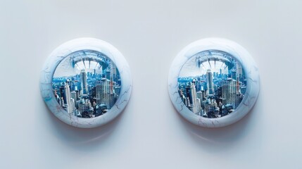 Pair of contact lenses on a white background, one lens revealing text, the other a faraway cityscape.