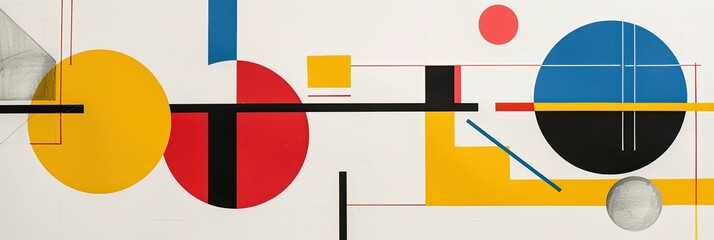 Obraz premium Colorful Minimalist Drawing Featuring Geometric Shapes in Primary Colors Against a White Background