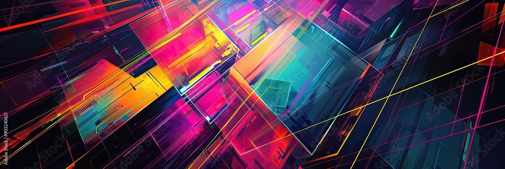 Poster Vibrant Neon Geometric Forms Merging in Abstract Digital Art Displayed in a Futuristic Space