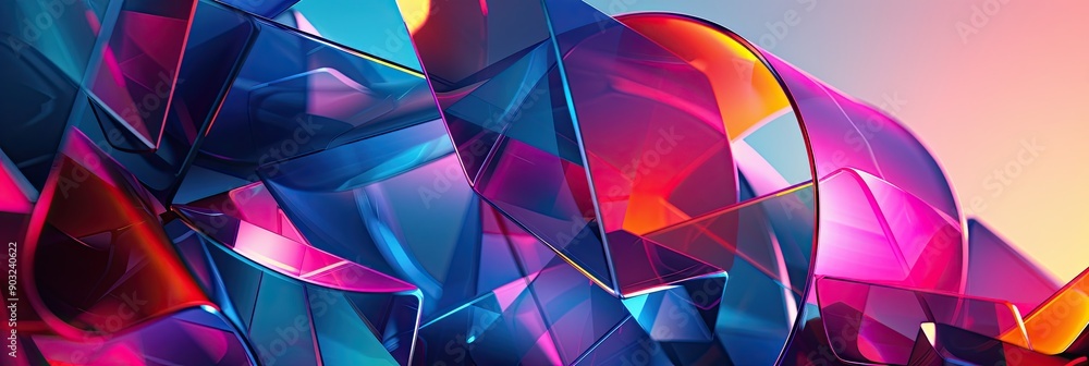Poster vibrant neon colored geometric forms blending into dynamic digital artscape at twilight