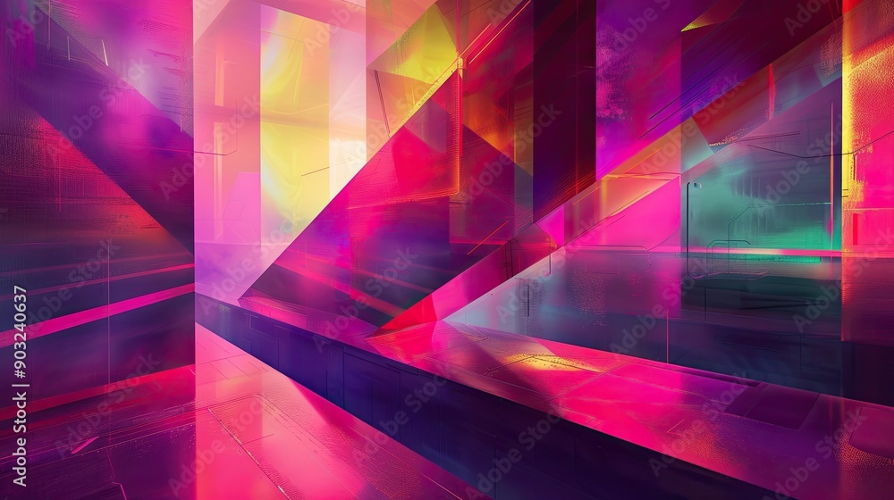 Poster neon colored geometric forms blending into futuristic digital art environment at dusk