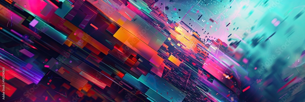 Aufkleber dynamic neon geometric forms blending into captivating digital art composition at twilight