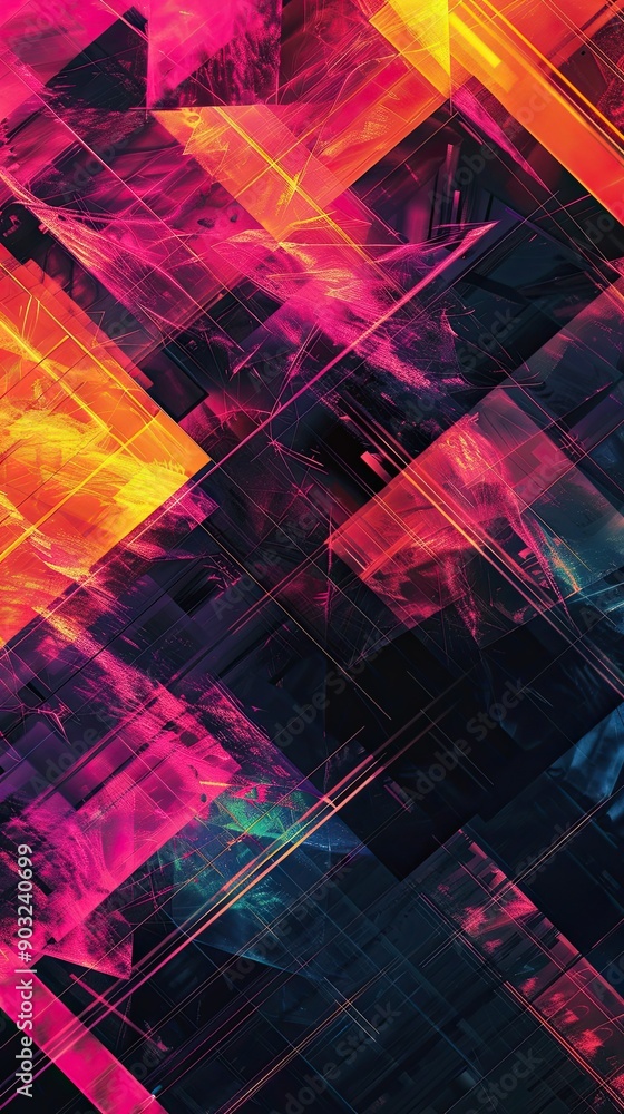 Poster vibrant neon colored geometric forms blending seamlessly into digital art creation at dusk