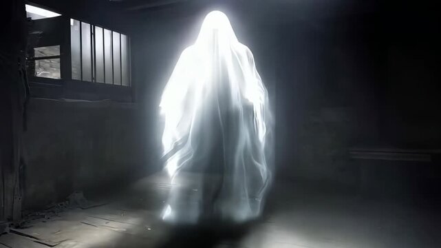 Spooky transparent white ghost moving forward in old dark room. Angry spirit attack in haunted house. Scary horror movie scene