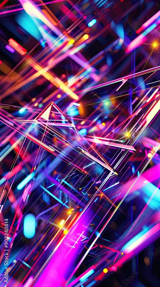 Poster Dynamic Neon Geometric Forms Merging Seamlessly in Abstract Digital Art Displaying Vibrant Colors and Complex Patterns