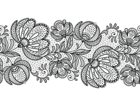 Seamless floral background with black lace flowers.Vector handmade blacke lace branches with flowers. Lace ribbon