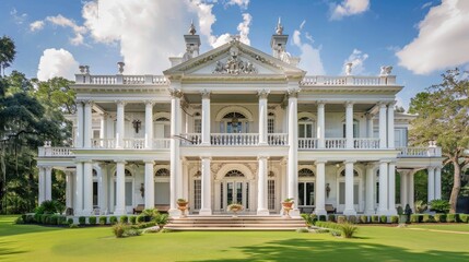Fototapeta premium White mansion with detailed columns, decorative facade, and manicured lawns.
