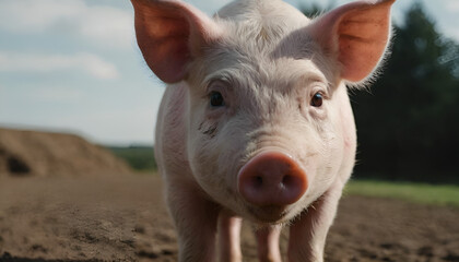 Fototapeta premium closeup of a pink pig in the fields