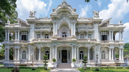 Obraz premium White mansion with intricate carvings and classic detailing, front view.