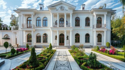 Obraz premium White mansion with intricate detailing and elegant garden, front view.