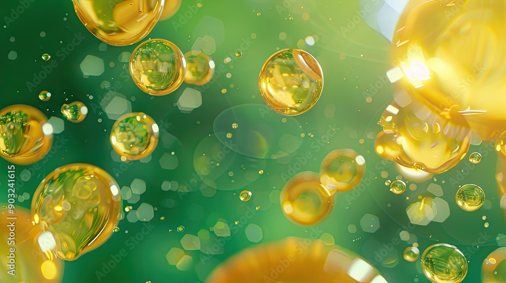 Aufkleber floating yellow oil bubbles against a vibrant green background creating an abstract visual experienc
