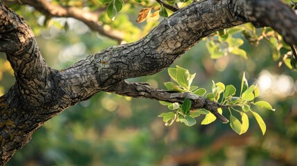 Obraz premium Close up view of a khaki tree branch in an orchard setting with space for text