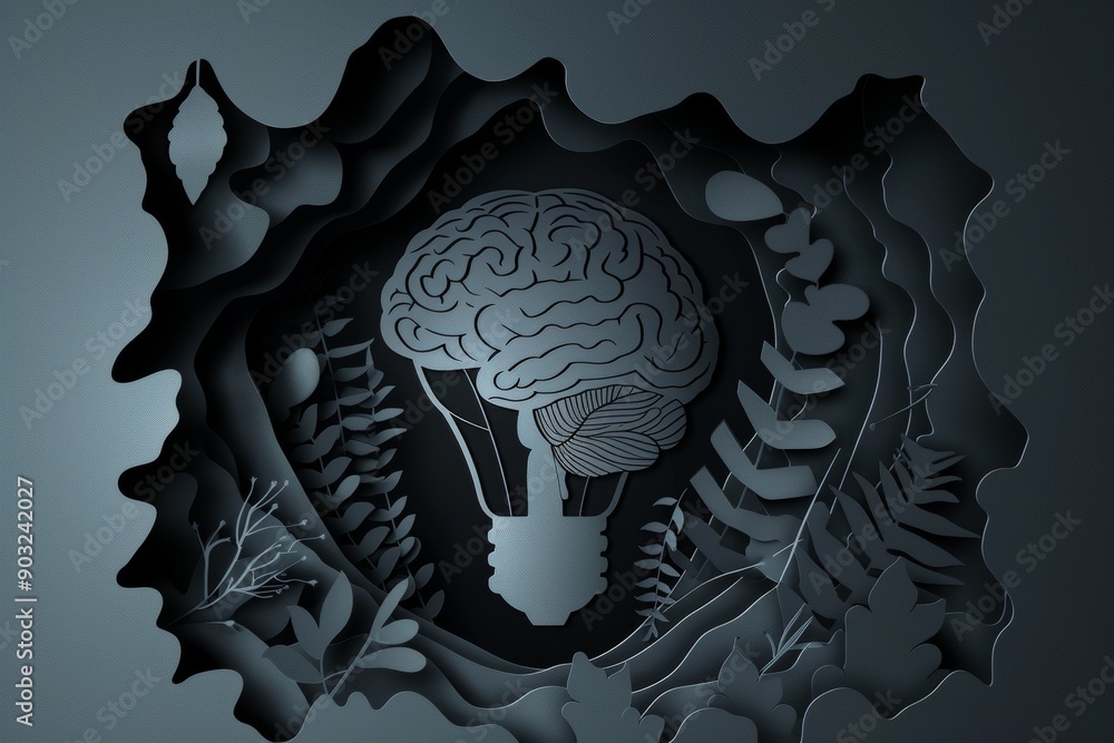 Poster brain lightbulb in a dark layered paper cut out design symbolizing deep intellectual creativity and 