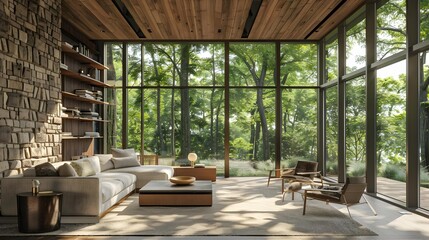 Fototapeta premium Biophilic Design - A serene living room with natural elements