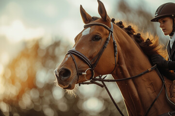 A Bay Horse Prepares for the Equestrian Show Jumping Competition